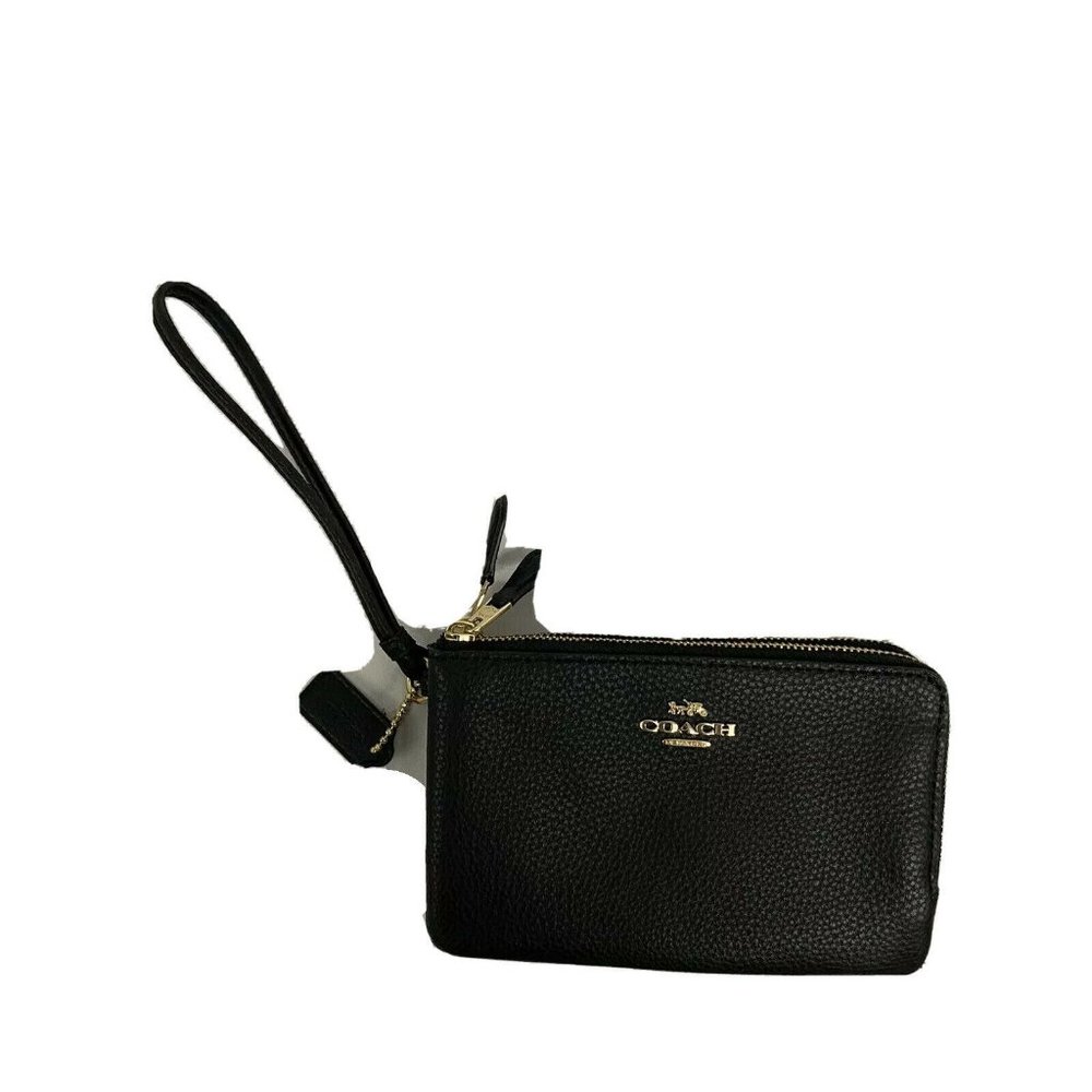 Coach Signature Black Pebbled Leather Double Zip Wallet Wristlet Change New Logo